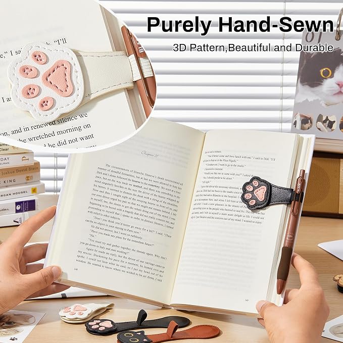 2Pcs Magnetic Bookmarks with Gift Box Magnetic Pen Holder for Notebook Cat Book Marks Clip Gift for Book Lover Readers Cute PU Leather Bookmark for Women, Paw (White+Black)