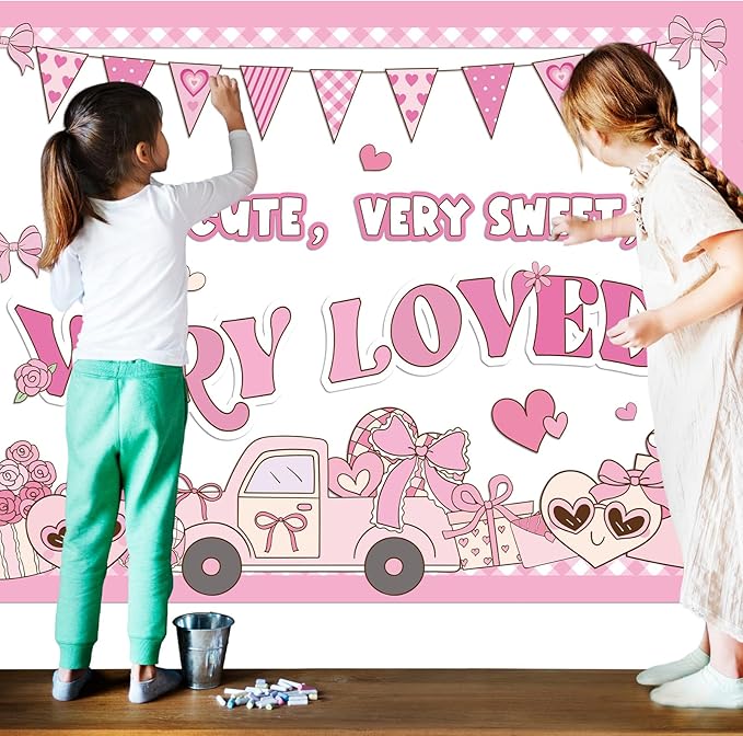 Glenmal Valentine's Day Bulletin Board Set Very Cute Sweet Loved Pastel Heart Girly Classroom Decoration Truck Flower Candy Cutouts for School Classroom Chalkboard Decoration