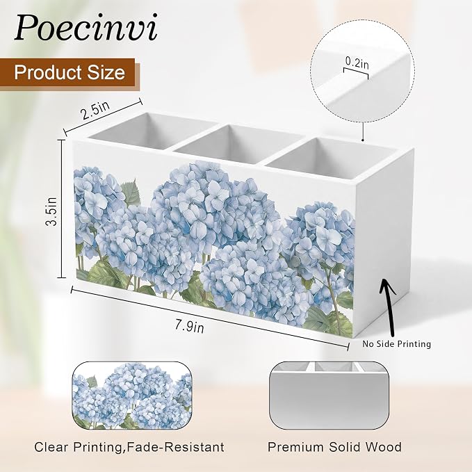 Vintage Blue Hydrangea Pen Holder for Home Office Desk, Hydrangea Decor, Rustic Cottagecore Blue Flower Botanical Wooden Box Sign Pencil Holder for Desk Shelf Organizer