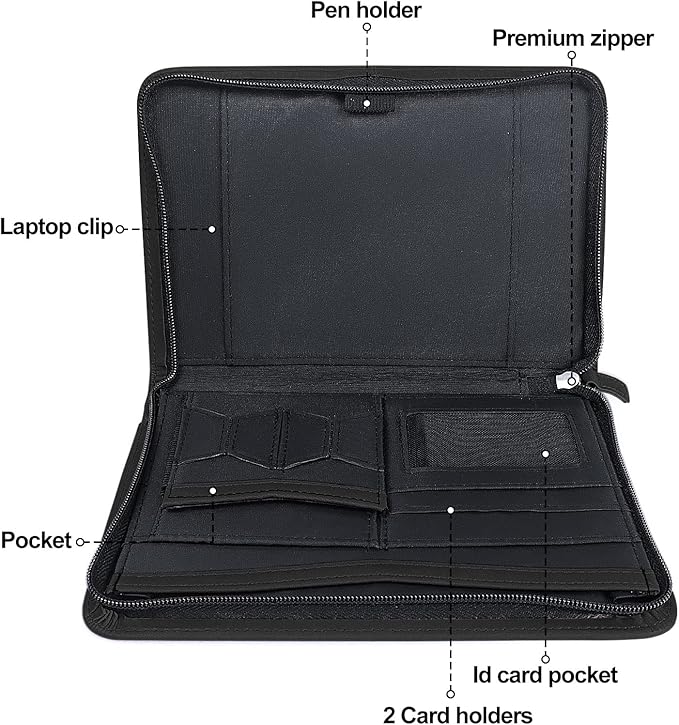 Godery Mini Leather Zippered Padfolio Portfolio Binder 5 x 8 Legal Writing Pad, Professional Business Portfolio for Men & Women, Card Holder, Notepad Clipboard Holder (Black)