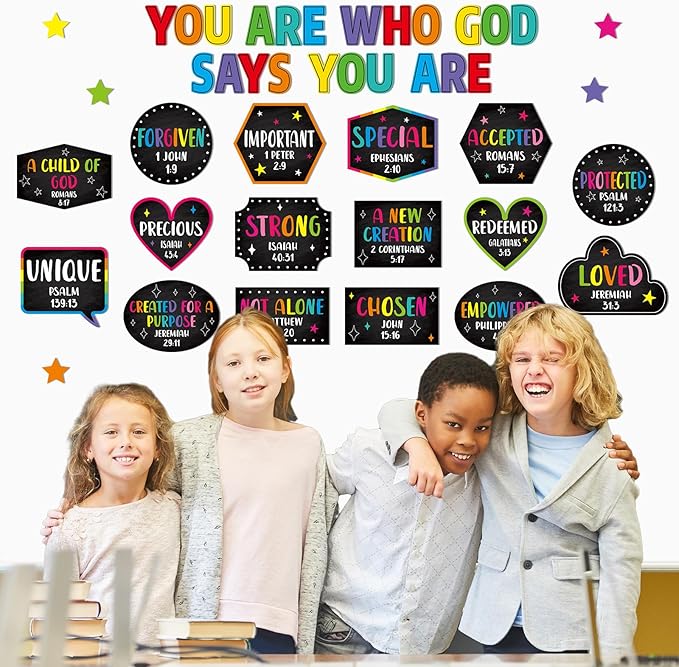 Qyeahkj Christian Bulletin Board Decorations God Says You Are Religious Classroom Wall Decor Colorful Motivational Quote Cutout Inspirational Bulletin Board Sets for Sunday School Home Church Supplies