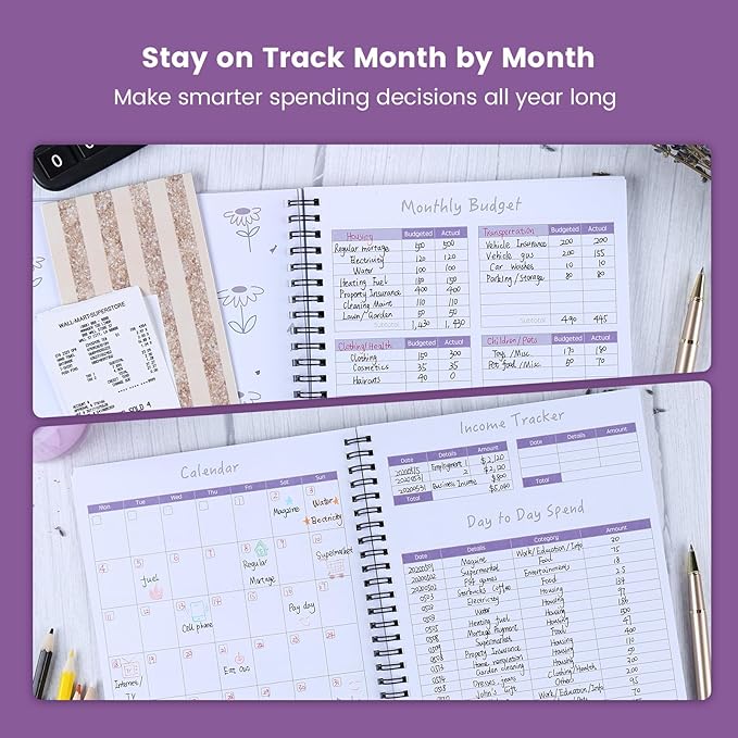 Monthly Budget Planner Book (Undated) with 12 Pockets for Income, Debt, Saving, Expense and Bill Tracker Organizer, Purple, Spiral Design