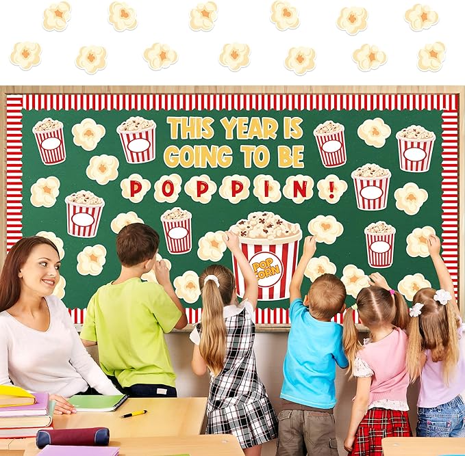 134Pcs Back to School Popcorn Bulletin Board Classroom Decoration Cute Popcorn Boxes Cutouts Name Tags Boarder Trim Back to School Popping Party Classroom Chalkboard Wall Door Decor Supplies