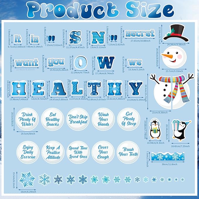 71 Pcs Winter Health Bulletin Board Decorations Set Winter Christmas Classroom Decor Snowman Snowflake Accents Healthy Habits Paper Cutouts for School Wall Decoration Supplies