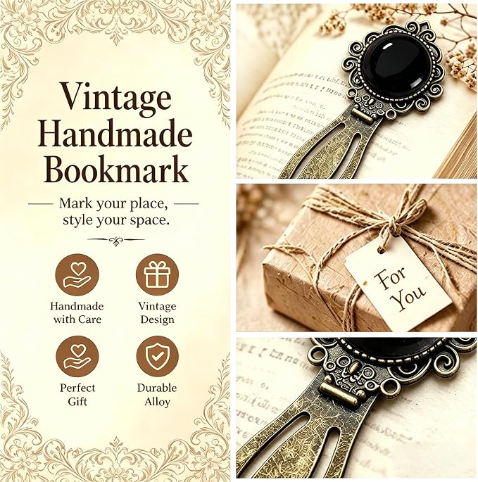 2Pcs Black Obsidian&Green Aventurine Bookmark with Natural Crystal Stone - Vintage Brass Metal Bookmarks for Reading Women, Men, Book Lovers, Girls and Teachers Book Marks(Black Onyx&Green Jade)