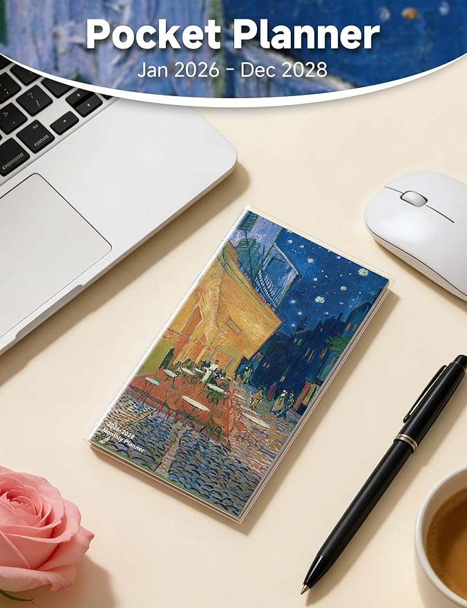Pocket Calendar 2026-2028 Art Series, Monthly Planner Jan 2026 to Jul 2028 (3.7" x 6.7") Perfect Purse Calendar, Pocket Agenda with Protective Plastic Sleeve-Café