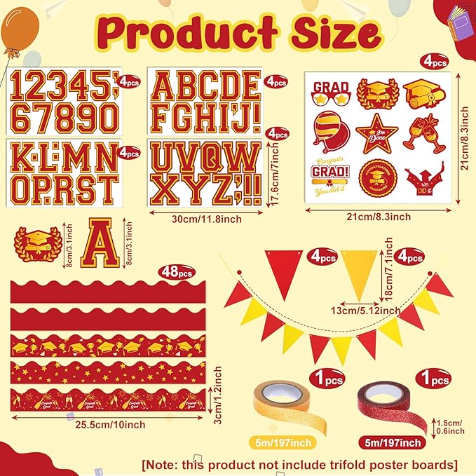 31 Pcs Graduation Photo Poster Board Decor Set Include 28 Sheets Graduation Themed Stickers 2 Rolls Picture Frame Tape 1 PC Banner for 2026 Grad Party College Board Photo Frame Decor (Red)