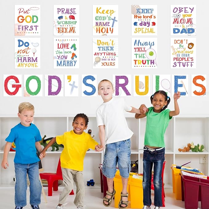20 Pieces Ten Commandments Poster for Kids Christian Bible Verse Poster Inspirational Religious Scripture Wall Poster for Classroom Church Sunday School Christian Scripture Home Decor (Ball Base)