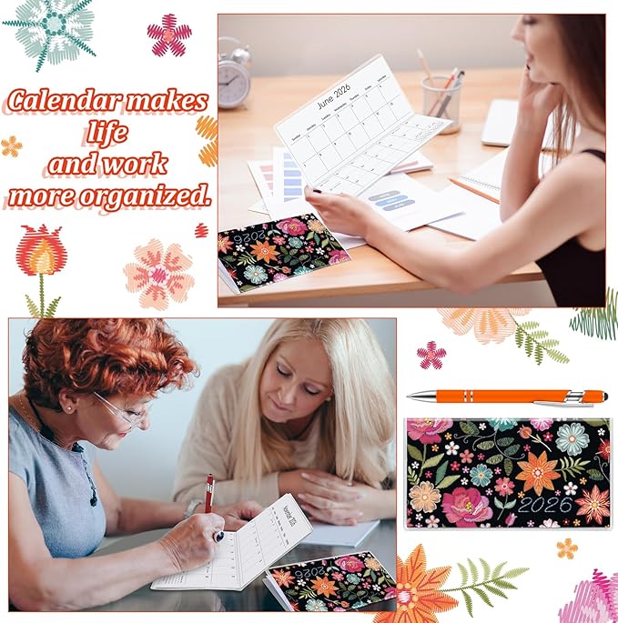 Gueevin 2026 Pocket Calendar for Purse with Pen Small Pocket Planner Handy Weekly Monthly Planner Journal Writing Notebook Valentine New Year Gift Sister Friend Women(Embroidery Floral,Orange Red)