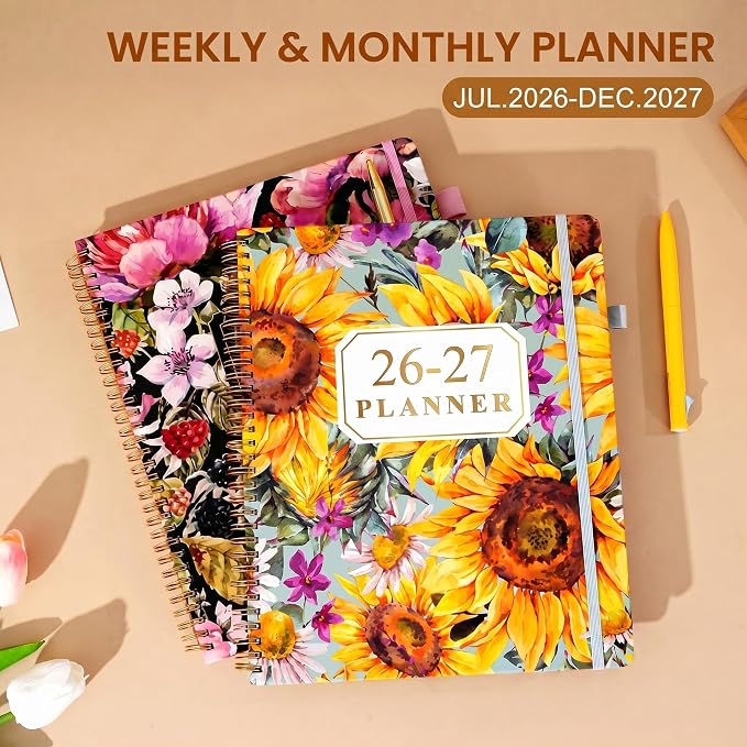 Planner 2026-2027 Weekly and Monthly 18 Month Daily Calendar Planners July 2026-Dec 2027 8.5 x 11 Yearly Hardcover Large Agenda with Stickers& Tabs for Women- Sunflower