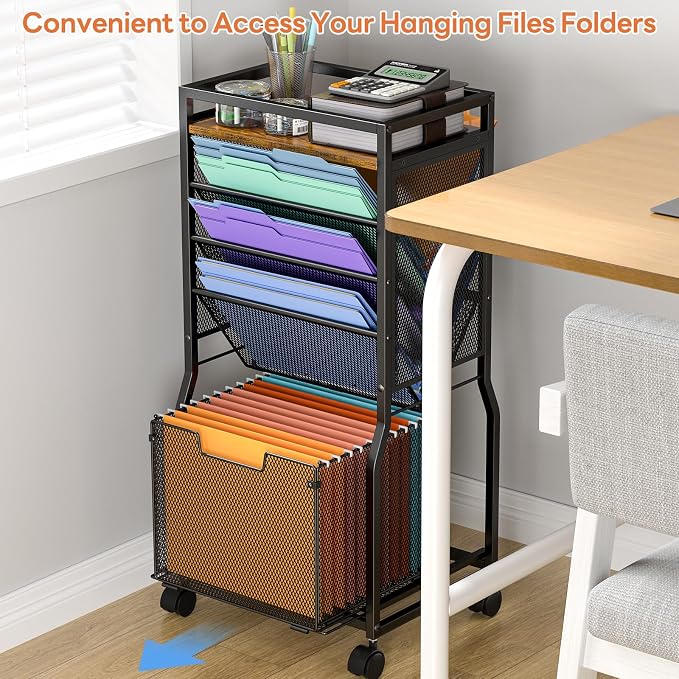 DAOUTIME 8 Tier Rolling File Cart with Hanging File Folder Organizer, Mobile File Organizer with 2 Sides Access Bookcase, Beside/Under Desk Cart with Wheels for Office Home School
