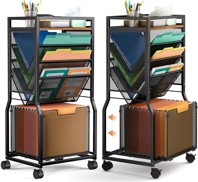 DAOUTIME 8 Tier Rolling File Cart with Hanging File Folder Organizer, Mobile File Organizer with 2 Sides Access Bookcase, Beside/Under Desk Cart with Wheels for Office Home School