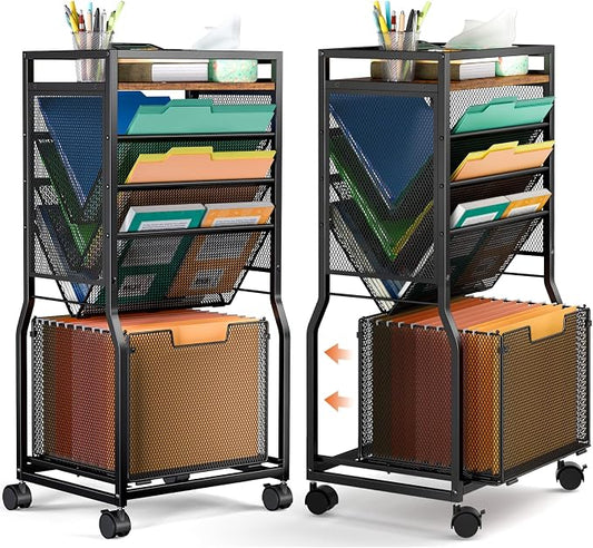 DAOUTIME 8 Tier Rolling File Cart with Hanging File Folder Organizer, Mobile File Organizer with 2 Sides Access Bookcase, Beside/Under Desk Cart with Wheels for Office Home School