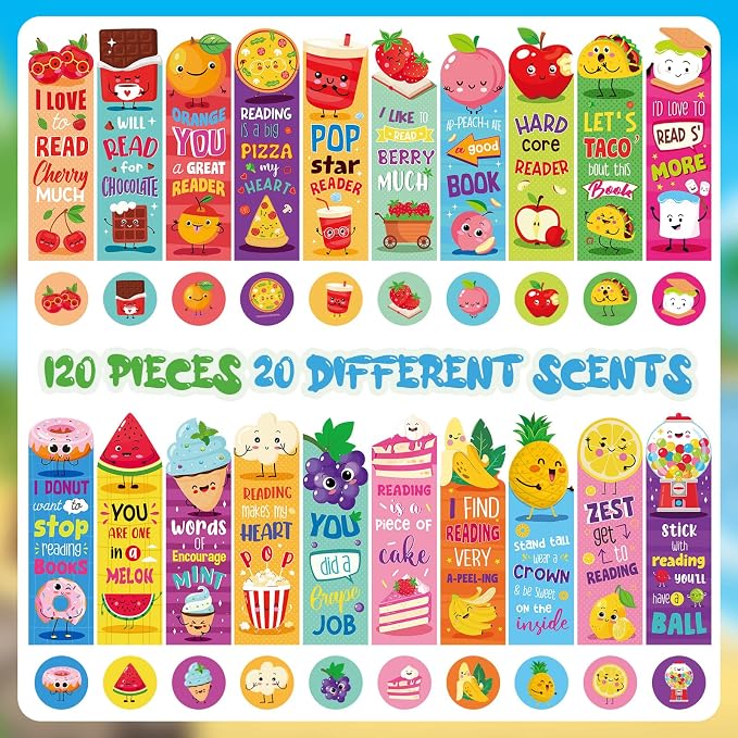 Lincia 120 Pcs Scratch and Sniff Scented Bookmarks Bulk Assorted Fruit Food Theme Smelly Bookmarks Gift for Fruit Lover 20 Styles