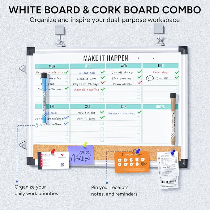 Marsrock Weekly Dry Erase Board and Cork Board Combo for Wall, 17"x13" Reversible Hanging Dry Erase Board, Double Sided White Board with Aluminum Frame for Planning, Office, Kitchen, School, Home