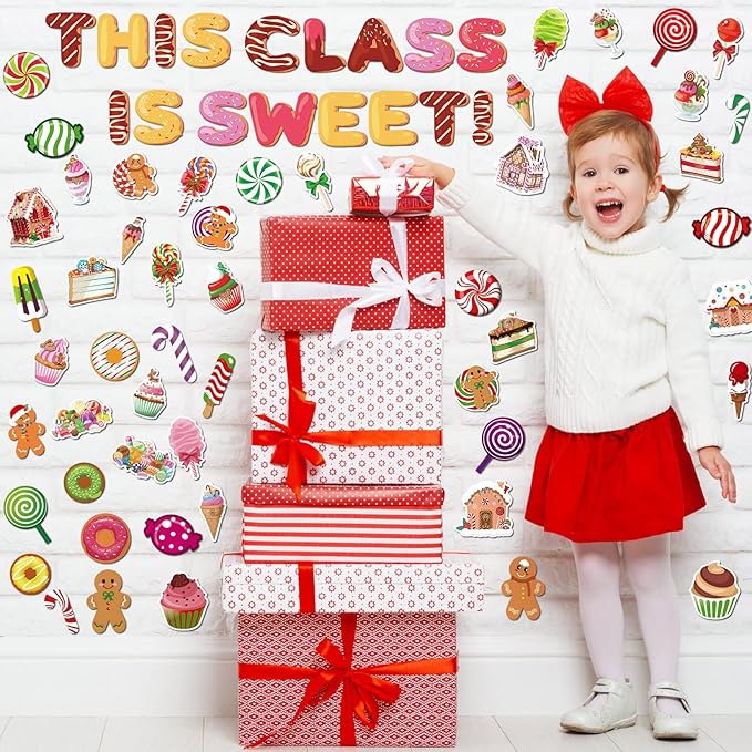 Marspark 68 Pcs Christmas Classroom Bulletin Border Decoration Candy Land Decoration Christmas Cutouts Peppermint Gingerbread Man Donut Ice Cream Cutouts for Classroom Door Wall Windows Decor