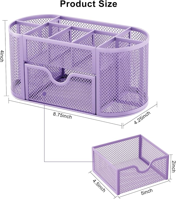 EasyPAG Mesh Pen Holder Desk Organizer with Drawer Stationery Supplies Organizer for Dorm School 9 Compartments Workspace Desk Accessories Organization for Office, Light Purple