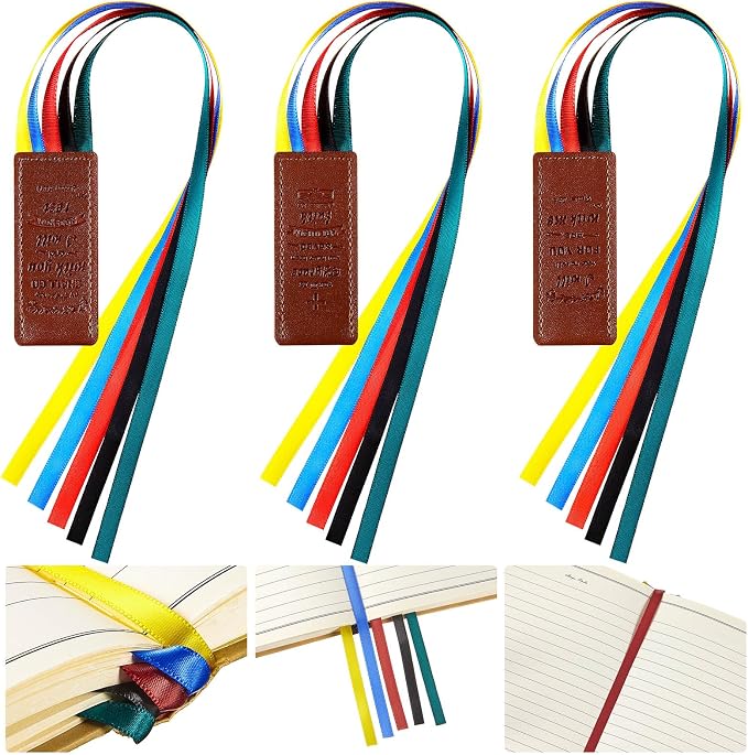Outus 3 Pieces Bible Ribbon Bookmark Markers Artificial Leather Bookmark with Ribbons for Books Office(Encourage,Yellow,Blue,Red,Green)