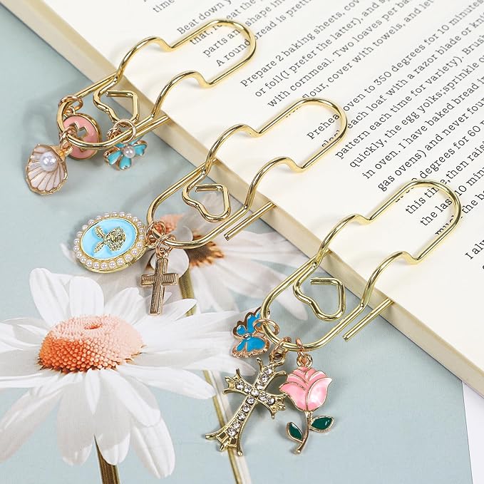 Wxiben Bible Paper Clip Bookmark - 3 Pcs Christian Metal Paperclip Pen Holder Book Mark with Charms Faith Page Marker Planner Decorative Paper Clips Gifts for Women Reading Book Lover Accessories