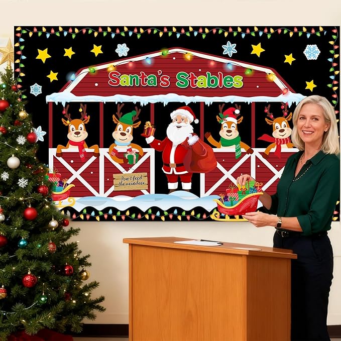 Geyoga Christmas Bulletin Board Decorations Set Santa's Stable Reindeer Christmas Winter Classroom Decorations Door Wall Holiday Light Bulb Elk Bulletin Boards Cutouts Borders School Office Supplies