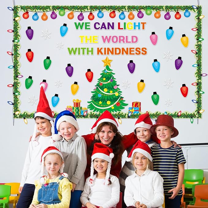 Christmas Tree Snowflake Paper Cutouts with Light Bulb Cutouts Set for Holiday Winter Wall Chalkboard Decor