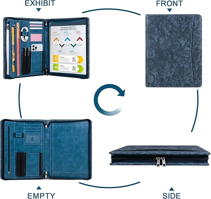 Embossed Vegan Leather Portfolio for Women,Professional Organize Padfolio with A4 Notepad Holder,Professional Business Document Organizer for Women (Blue)