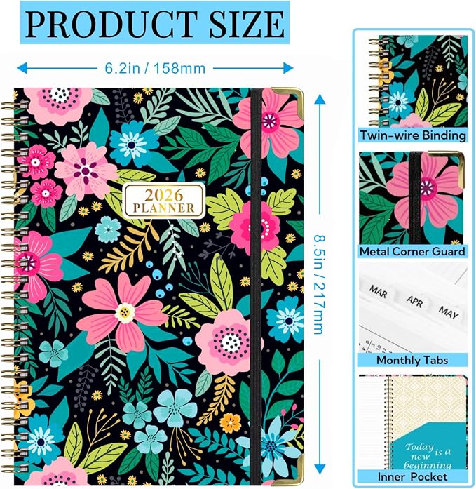 2026 Planner Weekly and Monthly,From Jan to Dec 2026,A5 Hardcover Academic Appointment Book with Tabs,100GSM Thick Paper,Back Pocket & Bookmark Ruler,Cute Floral Agenda for Women Teachers Students