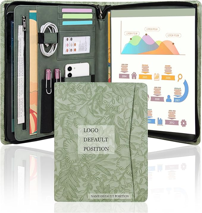 Calfinder Vegan Leather Portfolio with Zipper, Professional Business Padfolio with A4 Writing Pad Holder, Green Christmas Gifts, Resume Folder for Men and Women (Light Green, Customized)