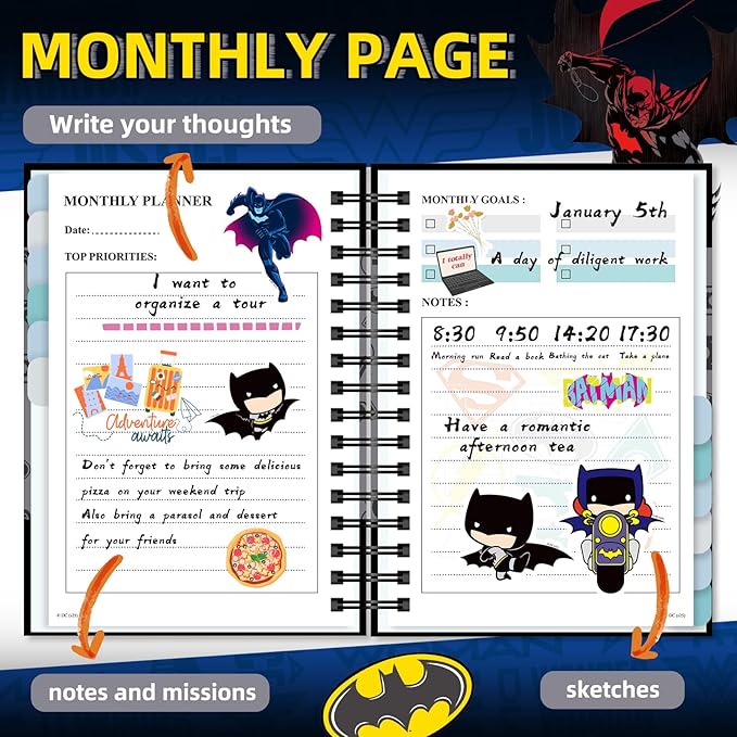 2026 Batman Planner Hardcover, Superhero Weekly and Monthly Planner with Notes Pages and 12 Dividers Tabs, Spiral Calendar Notebook Academic Journal for Work School Adults Teens (Plan A)