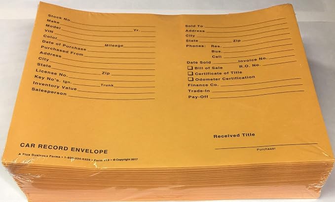A Plus Car Record Envelope #19 Vehicle Dealer Jackets, 100 Quantity, Gold (W17)