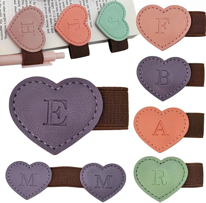 Personalized Magnetic Leather Heart Bookmark with Pen Holder - 26 Letters Custom Book Mark Notebook Pencil Loop with Initial Book Marker for Readers, Book Lovers- Gifts for Women Men(Purple,E)