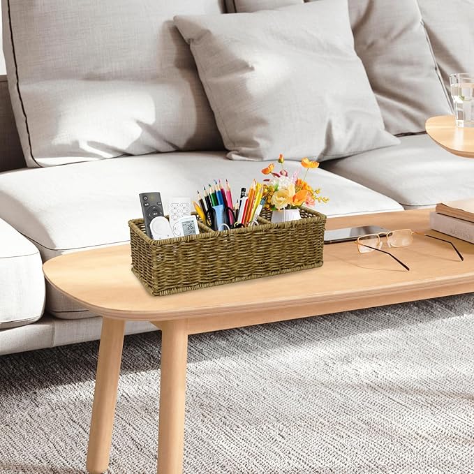 Remote Control Holder,Tv Remote Storage Basket,Handwoven Wicker Basket with 3 Compartments,Desk Caddy,Cosmetic & Night Stand Storage Box,Table Organizer for Office Supplies,Makeup Brush Holder