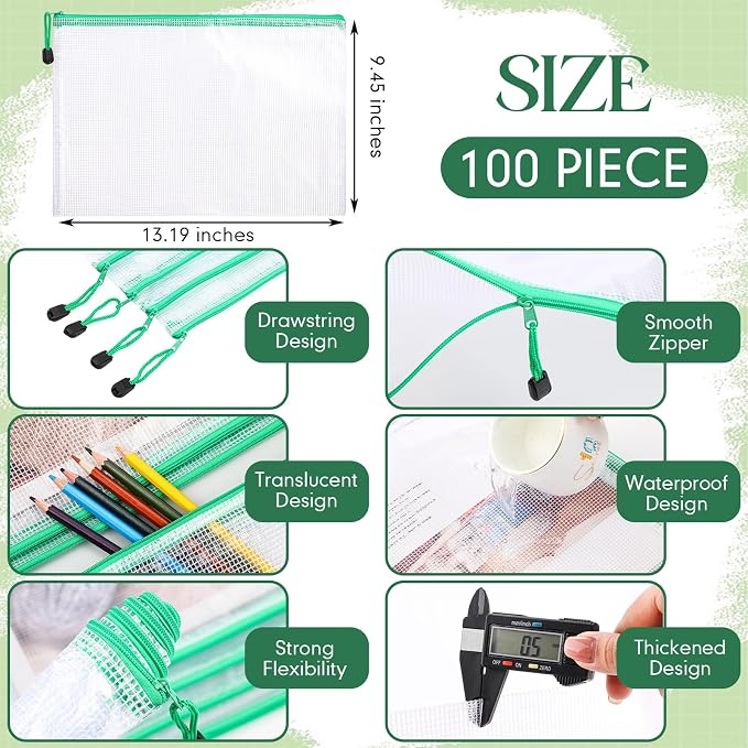 Zhehao 100 Pcs A4 Mesh Zipper Pouch Bag Bulk Mesh Pouch with Zipper Waterproof Clear Storage Bag for School Office Supplies Cosmetics Travel,13.19 x 9.45 in(Green)