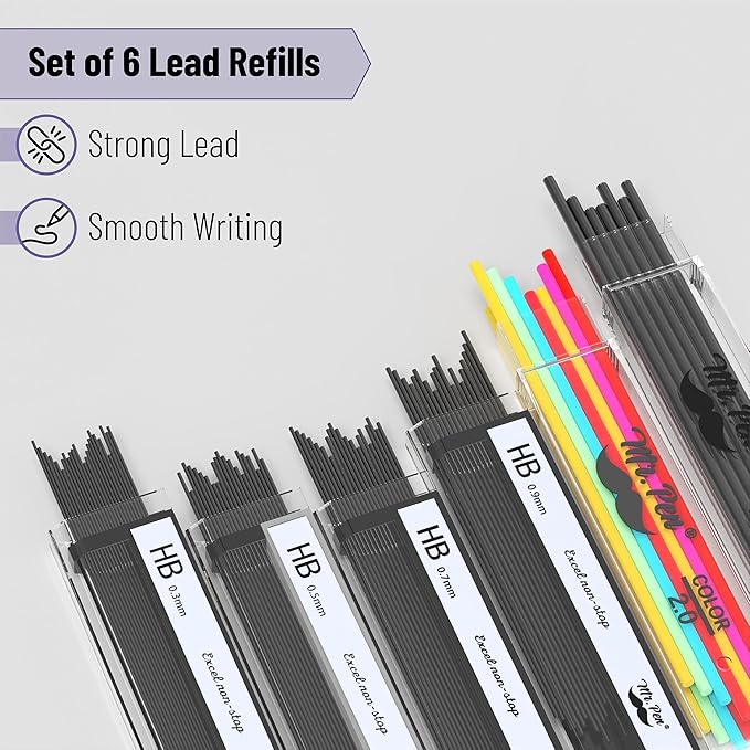 Mr. Pen- Metal Mechanical Pencil in Leather Case, 5 Pack, 5 Sizes, 0.3, 0.5, 0.7, 0.9 & 2mm, 6x Tubes Lead Refill, Erasers & Sharpener for School Supplies, Note Taking, Drawing, Sketching, Office