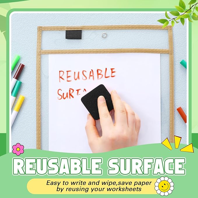 Watersay 24 Pcs Dry Erase Pocket Reusable Sleeves 10" x 14" Clear Plastic Sheet Protectors with Markers and Mini Dry Erasers for Paper(Assorted Color)
