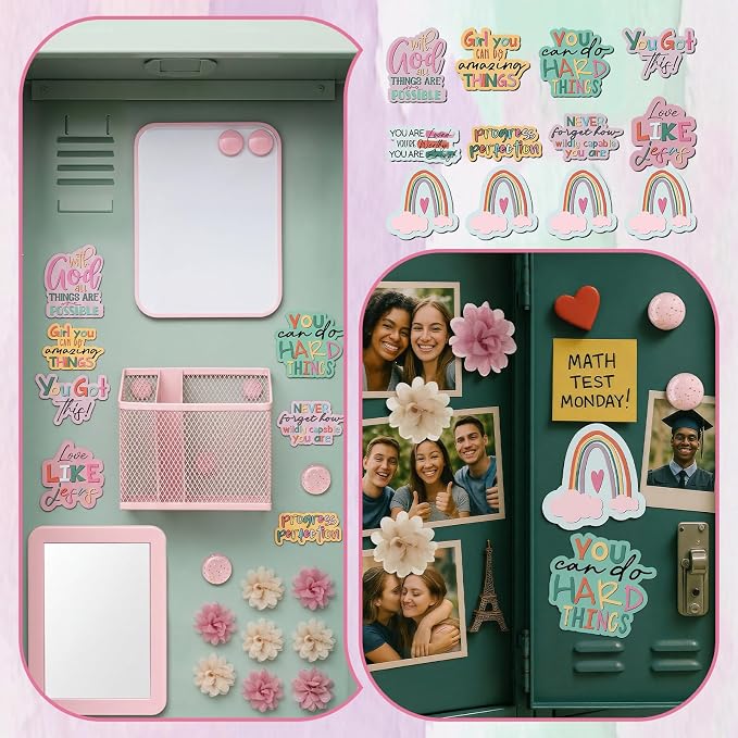 AmazingSpark Magnetic Locker Set with Whiteboard Mirror Erasable Pens Magnetic Pen Holder Refrigerator Magnet Flower and Inspirational Sticker Pink Decoration for Back to School Accessories