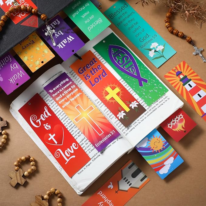 PerKoop 60 Pcs Christian Bookmarks Bulk Religious Bible Verse Bookmarks VBS Gifts with Motivational Scriptures for Vacation Sunday School Reading Supplies Gifts