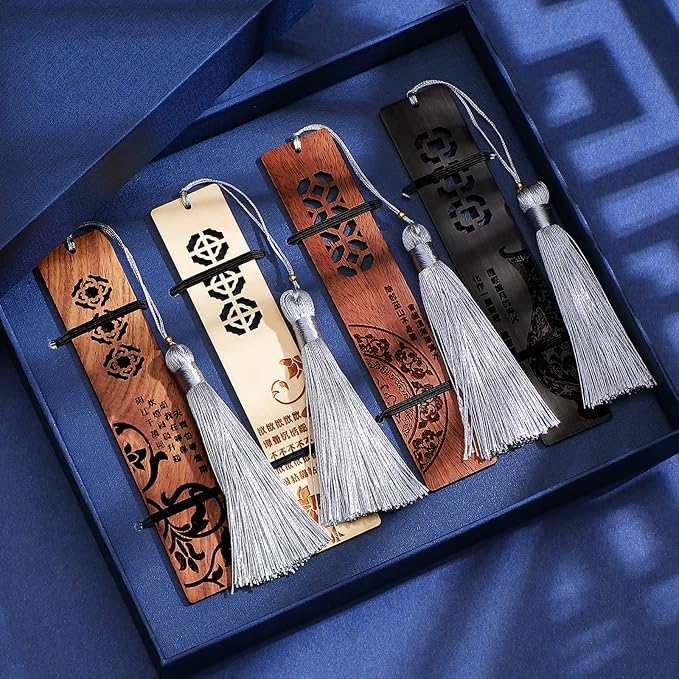 Outus 4 Pieces Wooden Bookmarks for Men Women Employee Father's Day Appreciation Gifts for Men Back to School Gifts Vintage Handmade Natural Carving for Book Lovers Birthday(Vibrant Style)