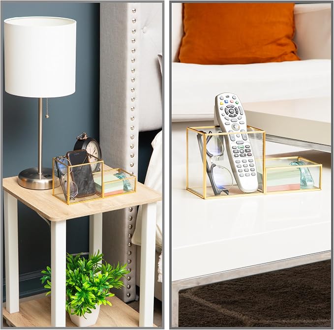 Mind Reader 2-Compartment Glass Catch-All Tray with Copper Trim, Desk Accessory Organizer for Office Supplies, Keys & Small Items, Glass and Copper, Clear