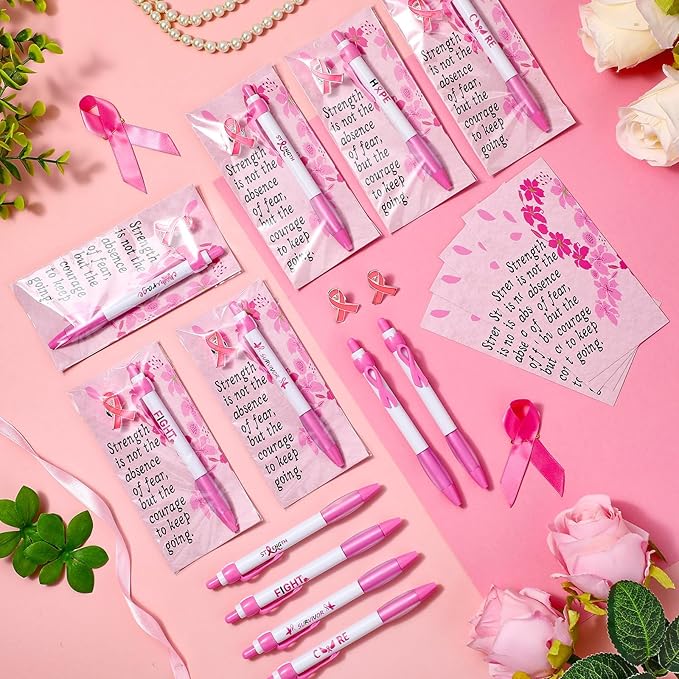 Sherr 240 Pieces Breast Cancer Awareness Accessories Pink Ribbon Retractable Pens Pink Pins with Encourage Cards Breast Cancer Awareness Supplies Inspirational Supplies for Charity
