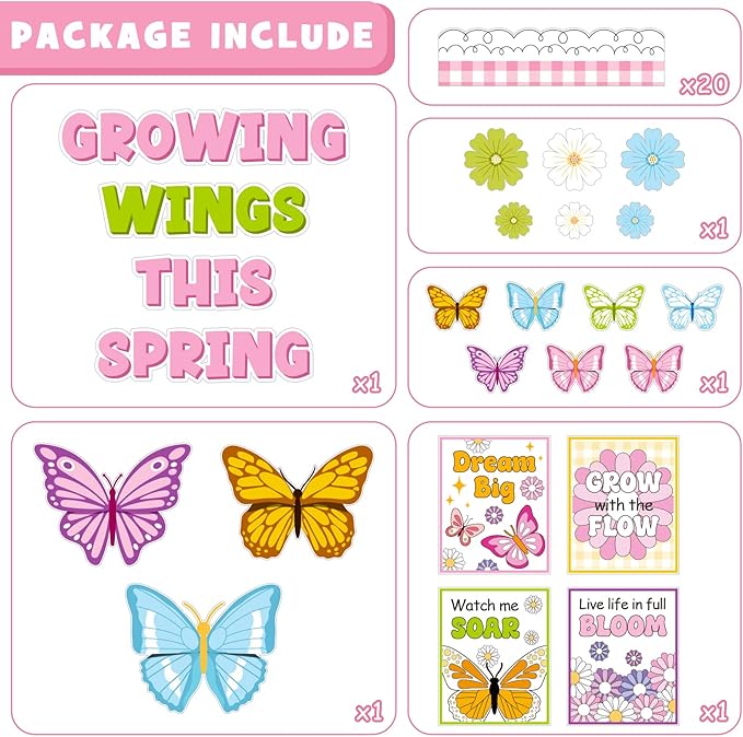 Summer Spring Butterfly Bulletin Board Decoration Set, Spring Grow Classroom Decorations Flower Butterflies Motivational Poster Cutouts May June Library School Nursery Wall Door Decor for Teacher