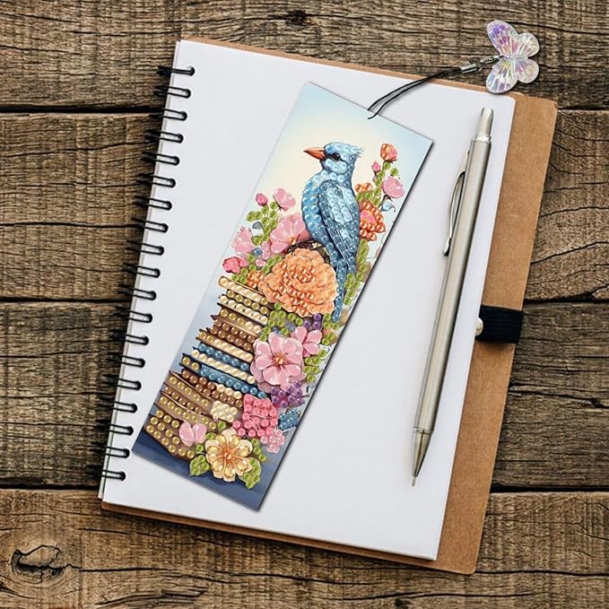 ARTopet 3Pcs DIY Diamond Art Painting Bookmarks with Colorful Butterfly Pendant PET Bookmark Ornament Double Sided Pattern Single Sided Diamond Book Marker Clip Gifts Tags-Book Pile Bird
