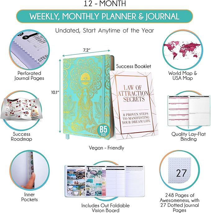 Deluxe Weekly and Monthly Planner | Law of Attraction Planner with Productivity App | 12-Month for Productivity, Gratitude & Goal Setting | Includes Foldable Vision Board, Gift Box & Stickers
