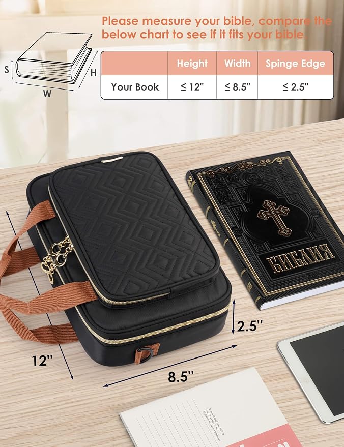 Heouvo Bible Cover Case for Women, Large Bible Bag Carrying Case with Shoulder Strap, Bible Study Supplies Bible Journaling Kit Book Carrying Case with Bible Highlighters Tabs Gift for Lady (Black)