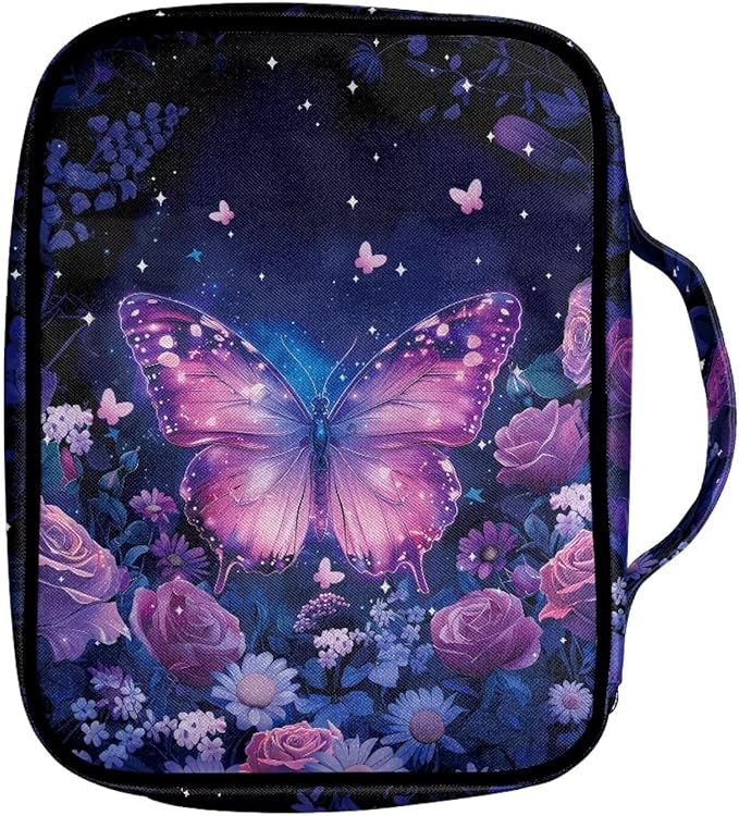 Suobstales Butterfly Rose Daisy Flower Print Bible Covers for Women Men Lightweight Bible Bag Bible Accessories with Handle and Zippered Pocket Bible Tote Bag for Kids