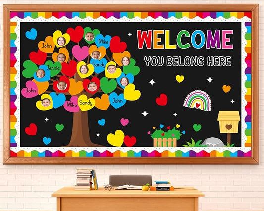 85pcs Rainbow Classroom Tree Bulletin Board Heart DIY Photo Name Tags Crafts Cutouts Back to School Rainbow Accents You Belong Here Welcome Classroom Decor for Nursery Elementary Chalkboard Wall Decor