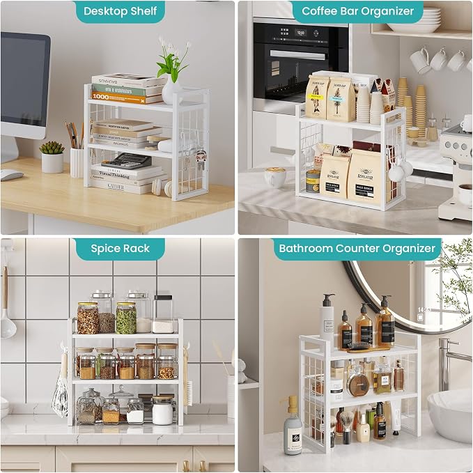 ELITEROO Desk Shelf Organizer, 2 Tier Wood Desktop Bookshelf Storage Rack, Freestanding Tabletop Organizer for Top of Desk, Office Supplies, Books & Decorations, White