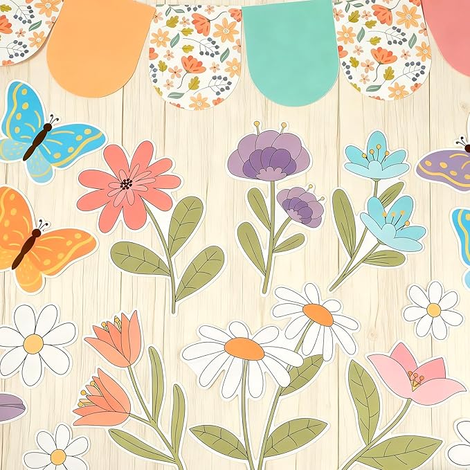 Spring Bulletin Board Decor Set Motivational Let's Grow Together Pastel Flower Butterfly Rainbow Classroom Cutout April Or May Bulletin Board for Back to School Home Nursery Chalkboard Wall Decor