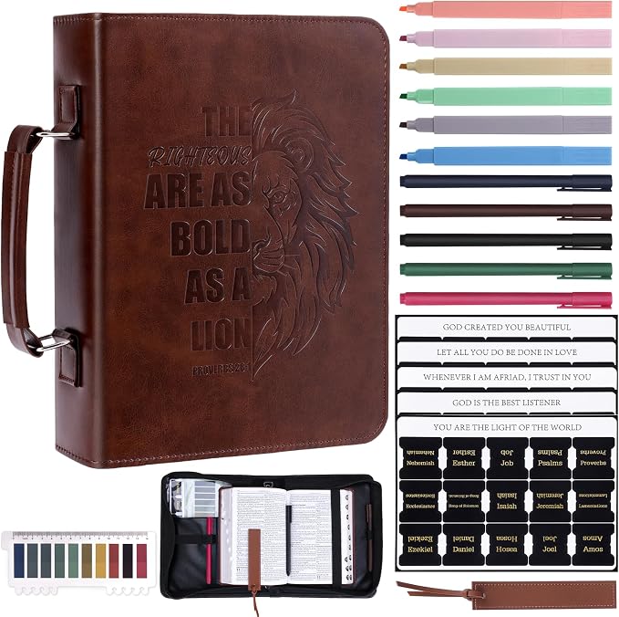XKDOUS 20 Pcs Bible Case Set with Tabs, Pens, Study Supplies Carrier Holder Portable Men's Bible Bag Church Book Leather Cover Father Day Christian Gift for Dad, Mom, Men, Women