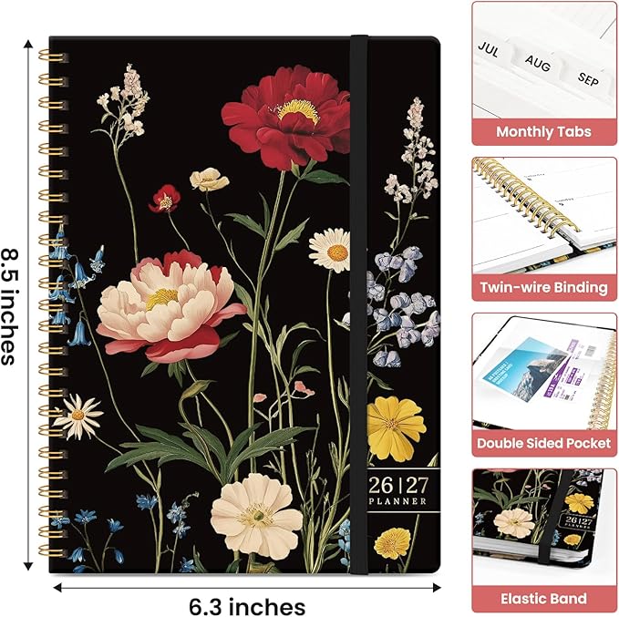 Planner 2026-2027, Academic Monthly and Weekly Calendar Planner for Women, July 2026 - June 2027, Hardcover Pretty Agenda Planner Book with Tabs, Spiral Daily Organizer for School Office Home Supplies, 6.3" x 8.5" - Peony Bloom